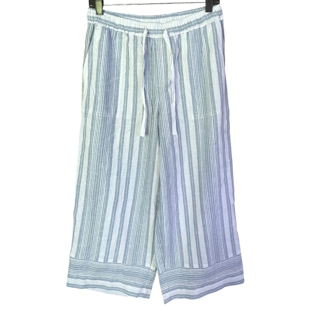 Casa Cabana Blue White Striped‎ Linen Blend Wide Leg Cropped Pants S
